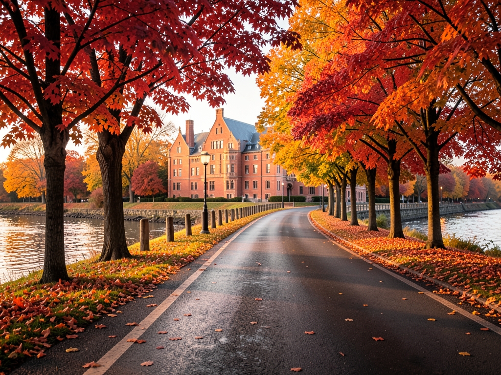 riverside road approaching Hudson s historic brick architecture autumn