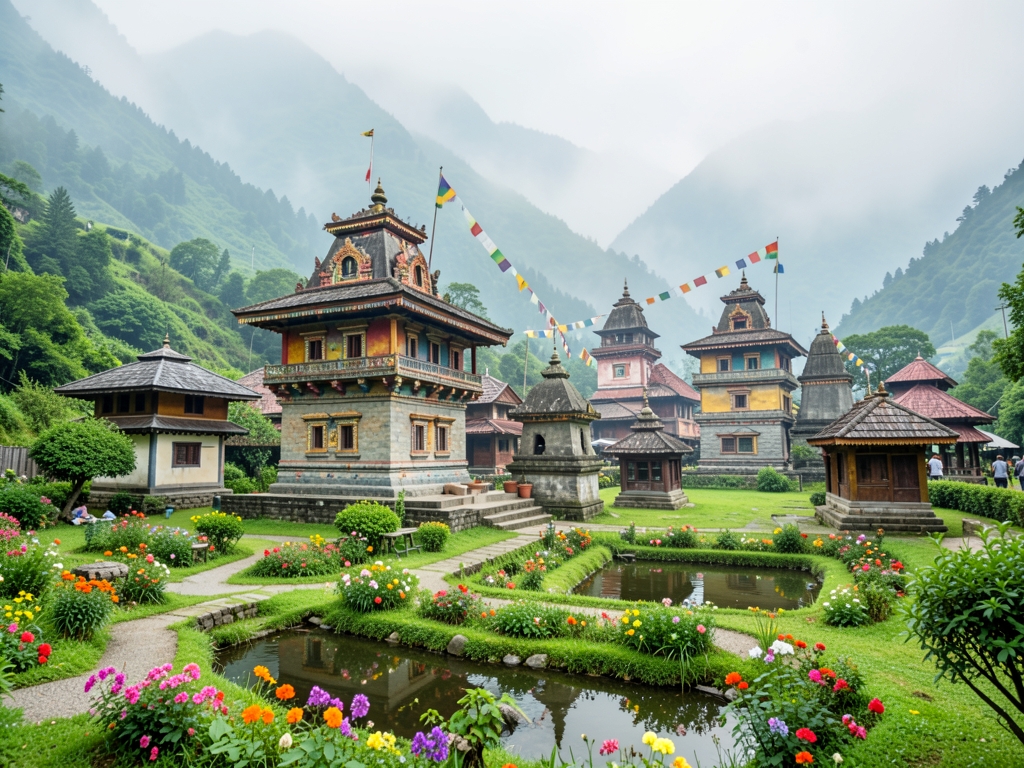 serene Himalayan temple complex sits nestled misty green