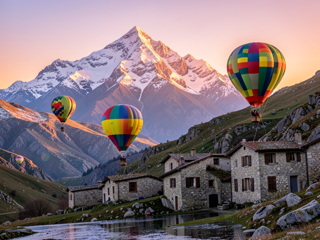 Snow capped mountain behind ancient stone houses rocky valley