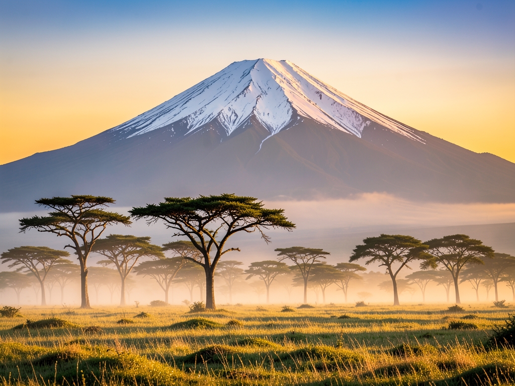 Snow capped Mount Kilimanjaro golden sunrise above misty savanna