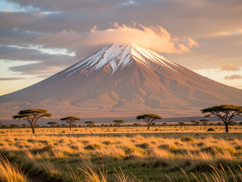 Snow capped Mount Kilimanjaro rising above savanna plains soft