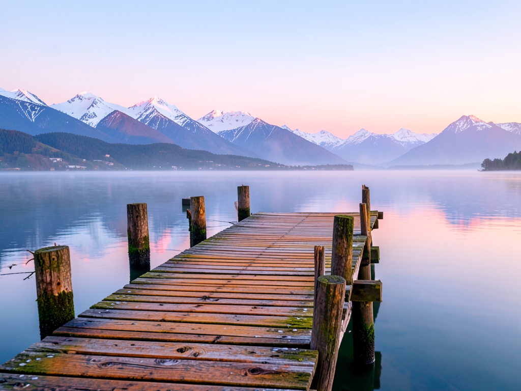 vintage wooden dock extends into calm surface Lake