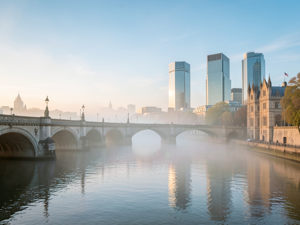 London riverside pale morning mist with historic stone