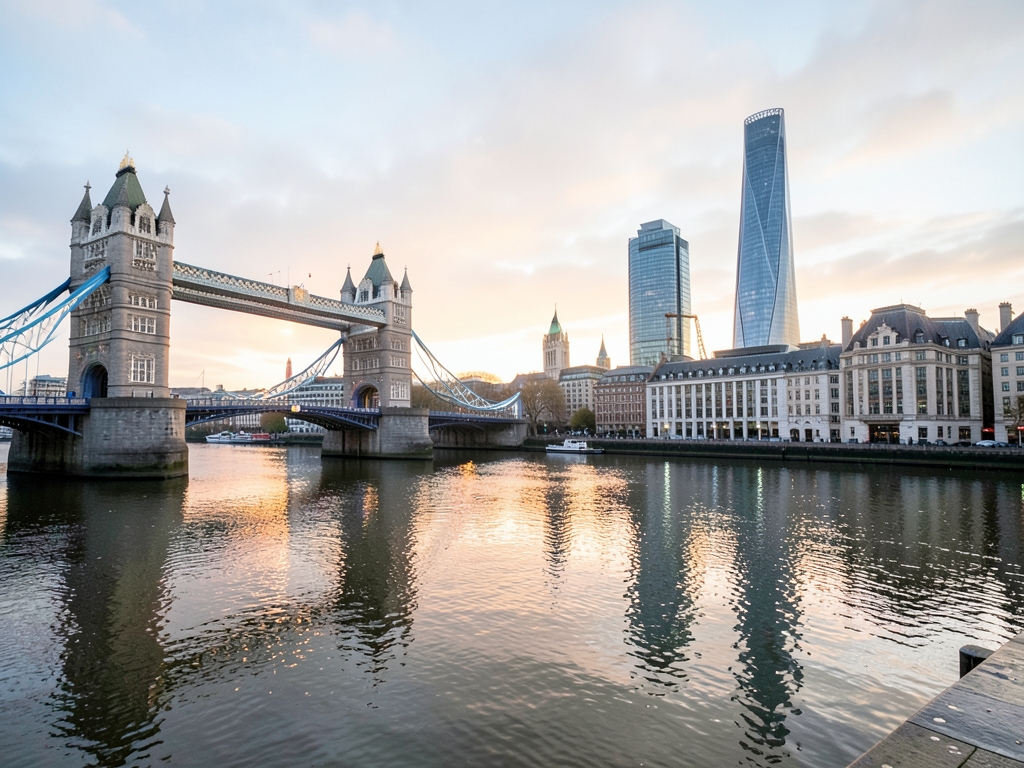 London dawn across Thames rain washed stone bridges glass