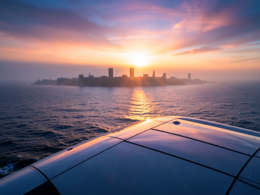 Airliner wing above Atlantic sunrise London s skyline emerging