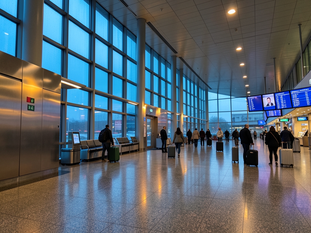glass and steel London airport concourse blue hour misty rain