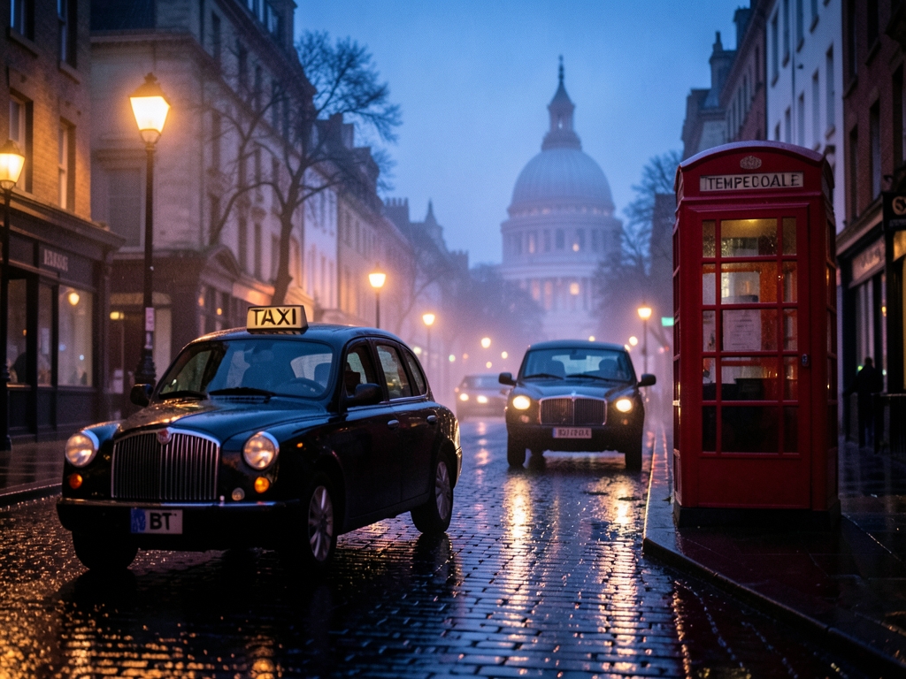 Rain slicked London street blue hour cobblestones reflecting amber