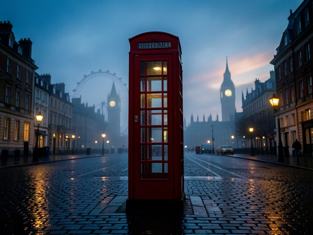 iconic telephone booth stands silhouetted against misty London