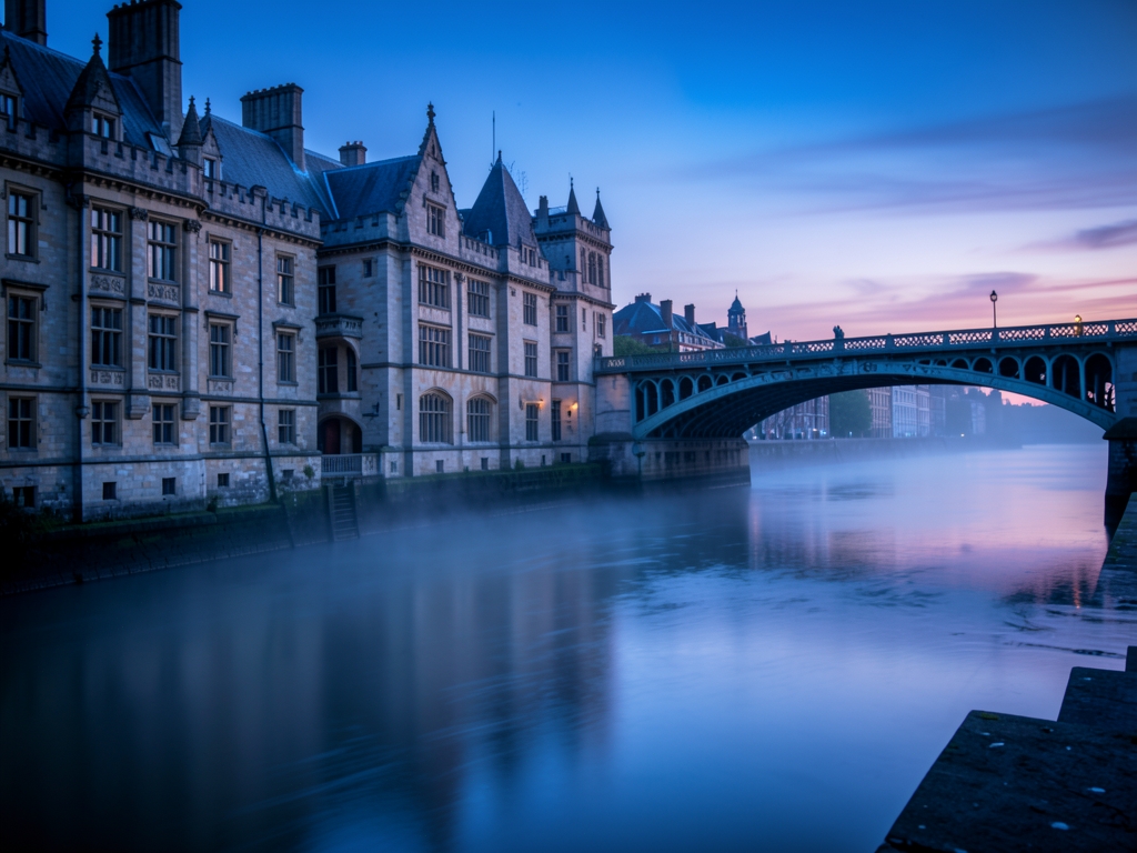 London riverside blue hour with historic stone architecture