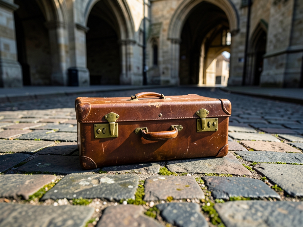 vintage leather suitcase rests cobblestone street London soft