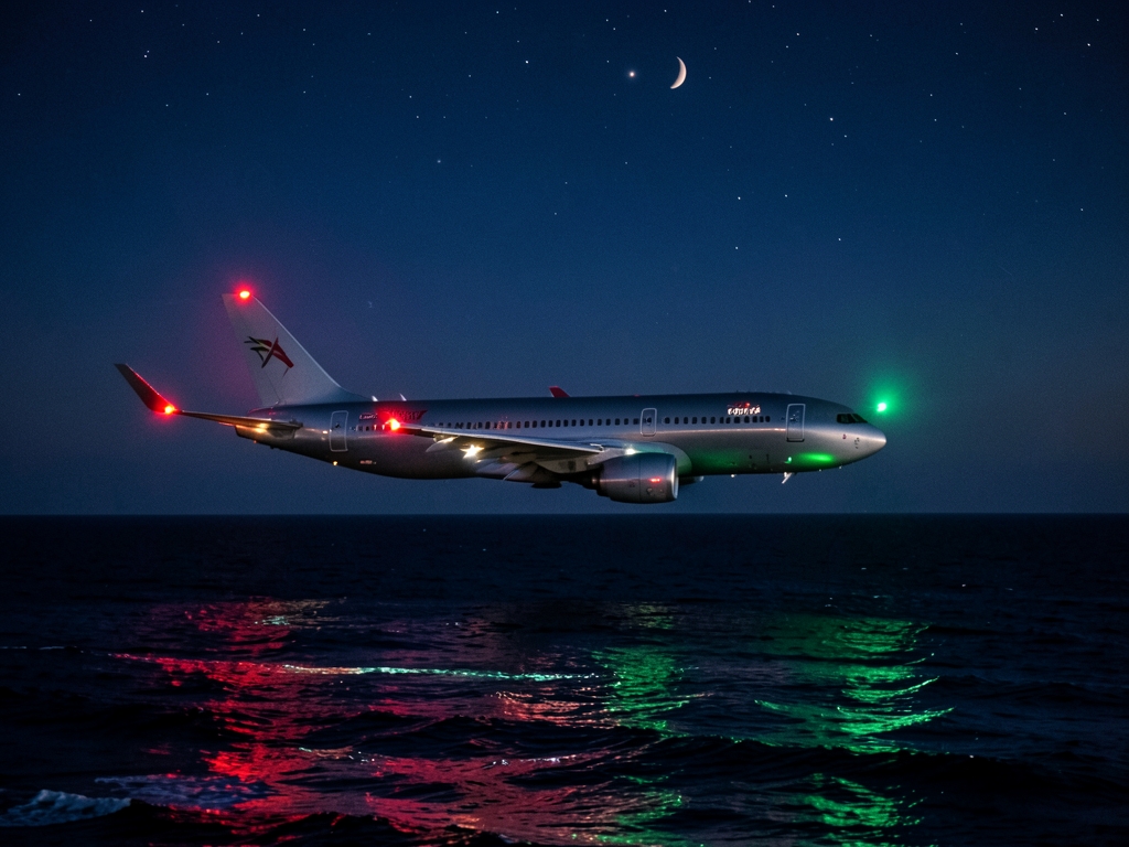 commercial airliner glides over dark Atlantic Ocean twilight