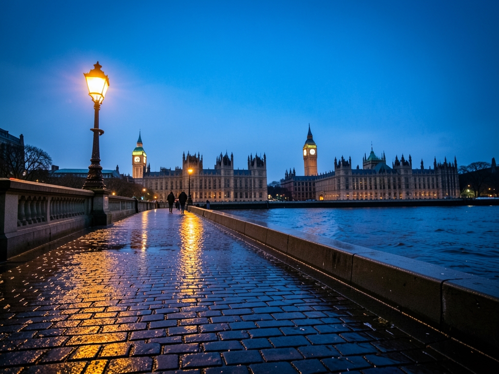 Rain slicked cobblestones Westminster Bridge twilight with soft amber