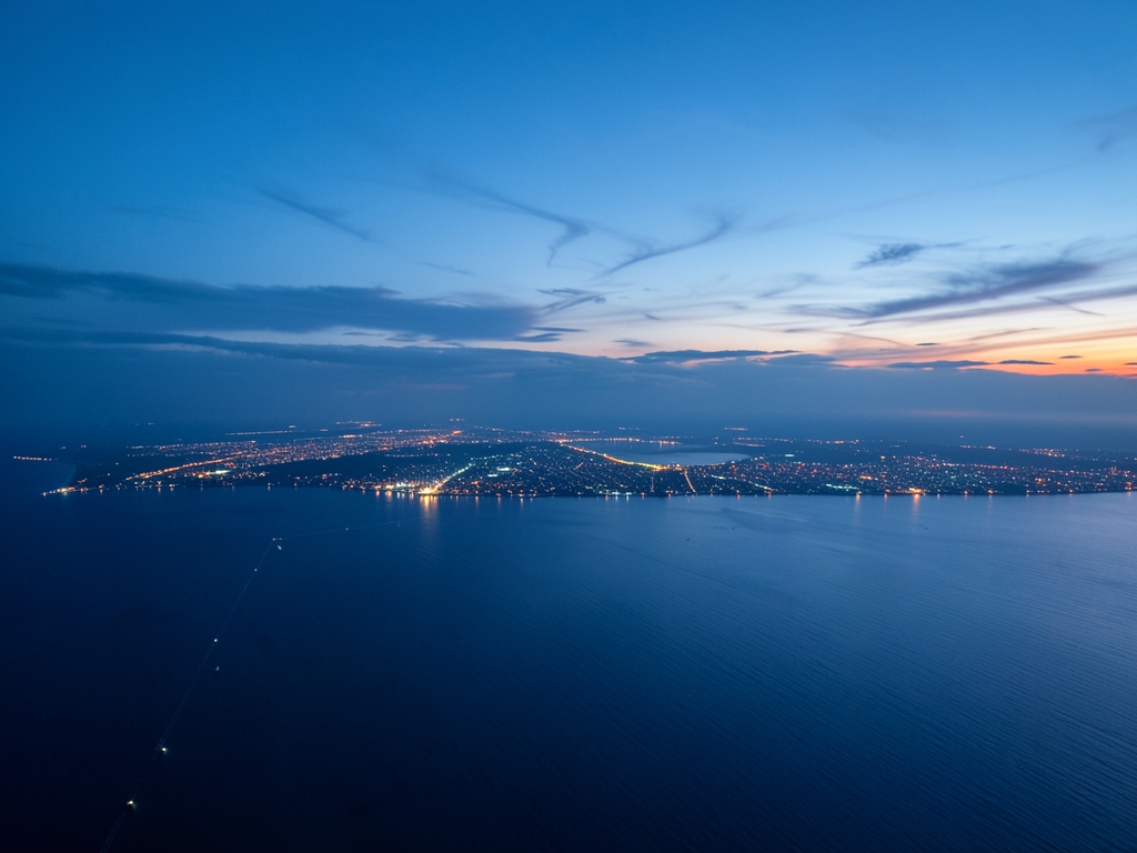 High altitude view over Atlantic twilight with glowing city