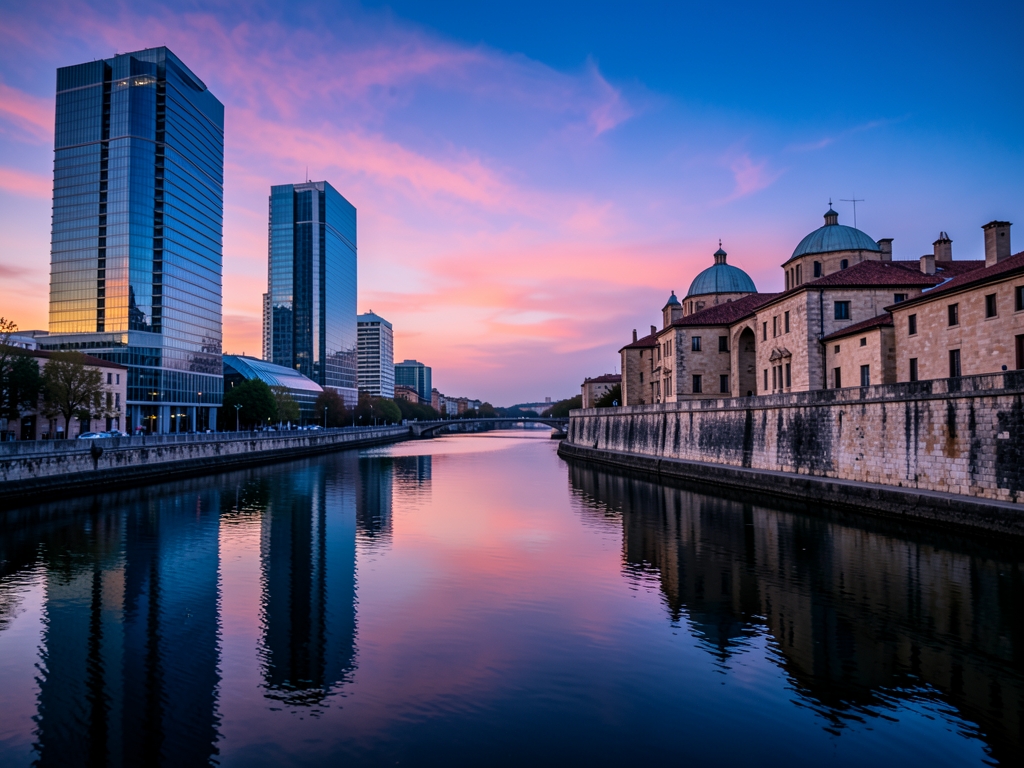 Twilight cityscape with modern glass towers along wide