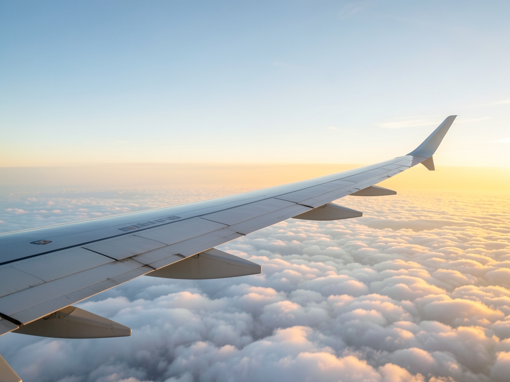 Wide view wing above endless Atlantic clouds golden