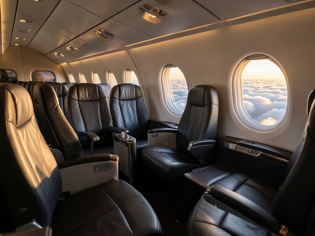 Spacious premium airplane cabin with dark leather seats