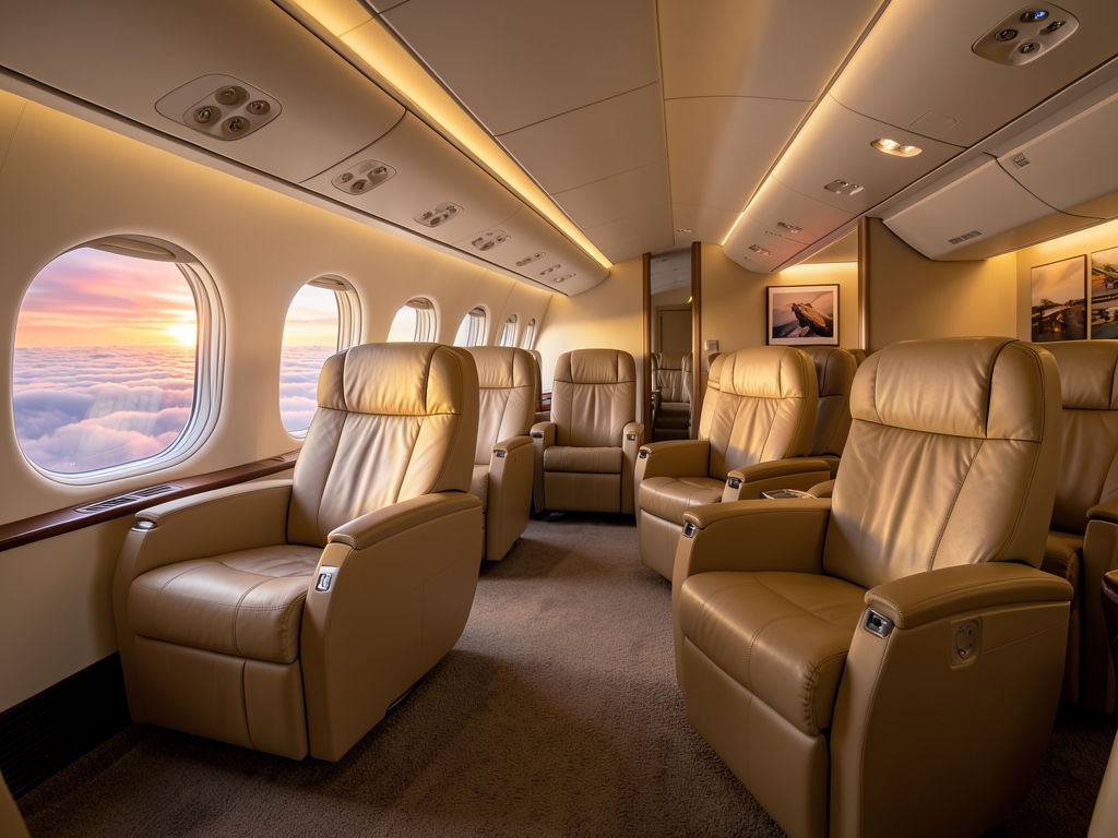 Spacious business class airplane cabin with wide leather