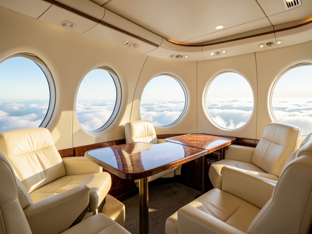 Sunlight streams through curved windows first class cabin illuminating