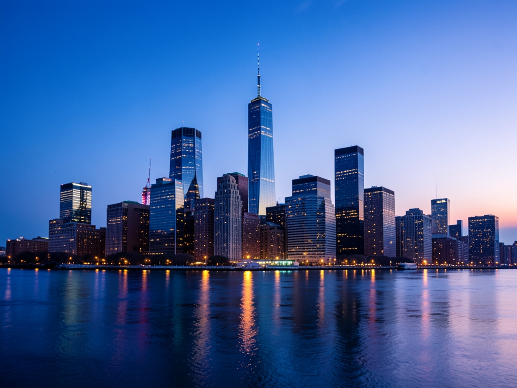 Manhattan skyline blue hour with glass towers Hudson