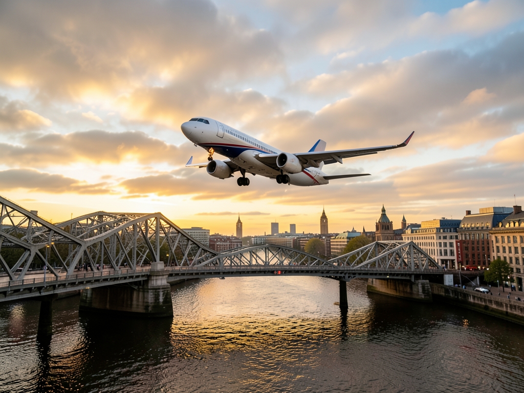 Passenger descending toward London golden evening light steel