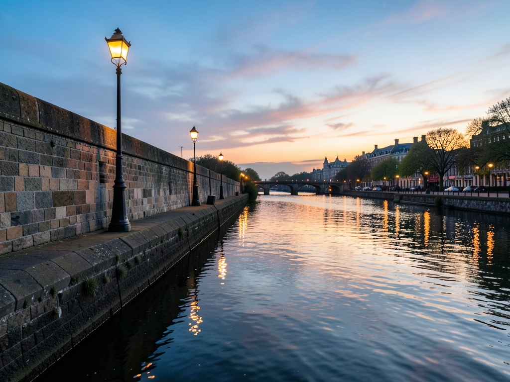 Twilight over Thames river with historic stone embankments