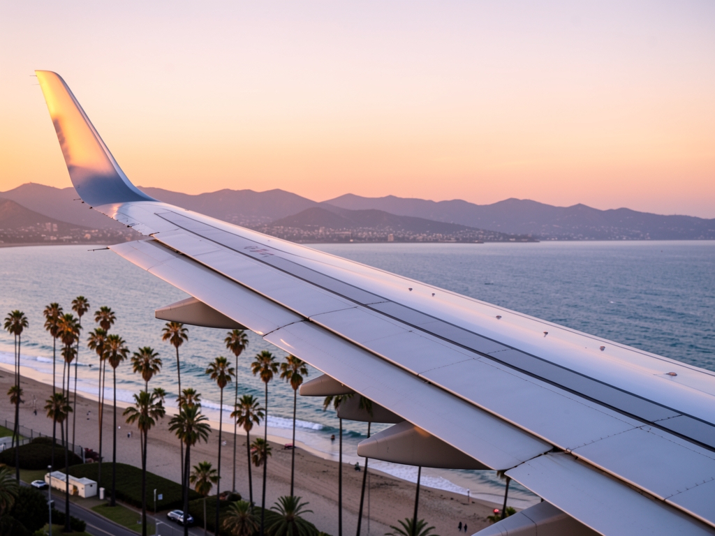 Airplane wing over Angeles coastline sunset with palm lined