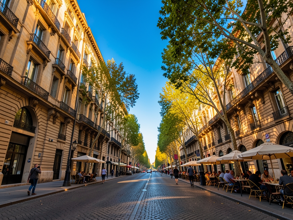 Sunlit Madrid grand boulevard with historic stone facades