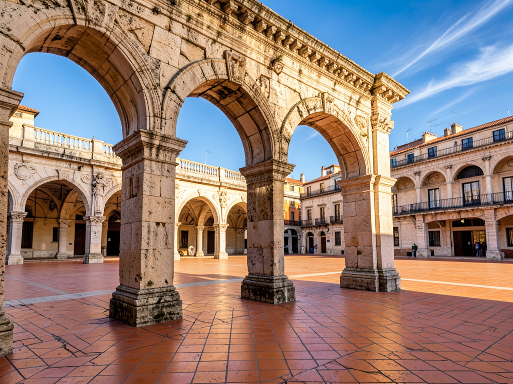 Sun drenched stone arches terracotta tiles frame quiet plaza
