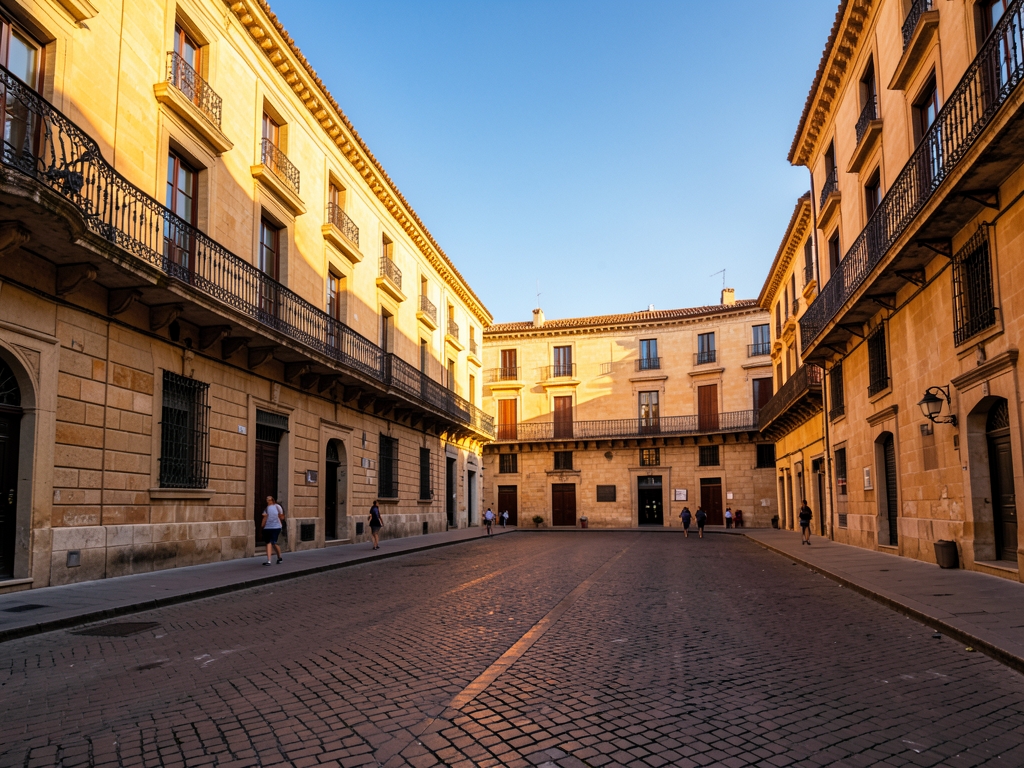 Sunlit historic Madrid plaza with warm sandstone facades