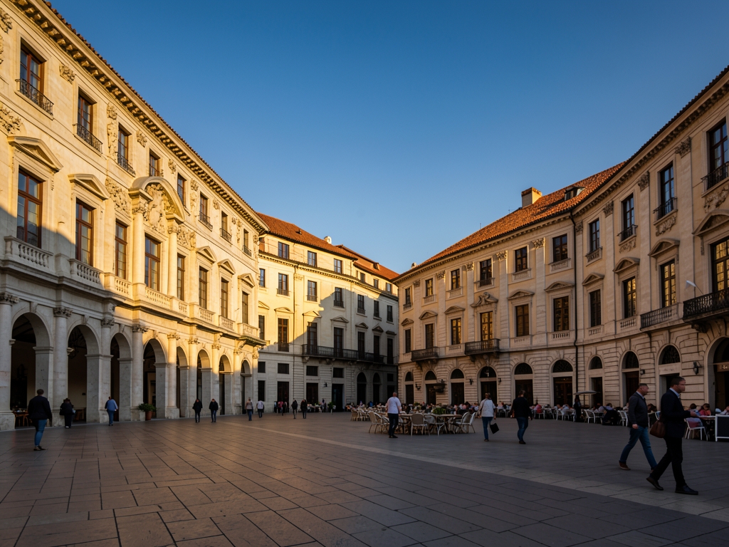 Sunlit Madrid historic plaza with sandstone facades terracotta
