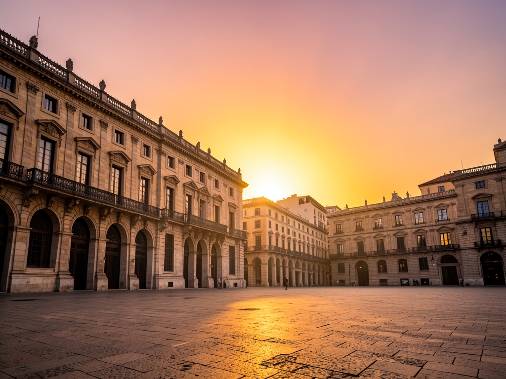 Warm sunset over historic Madrid stone architecture open