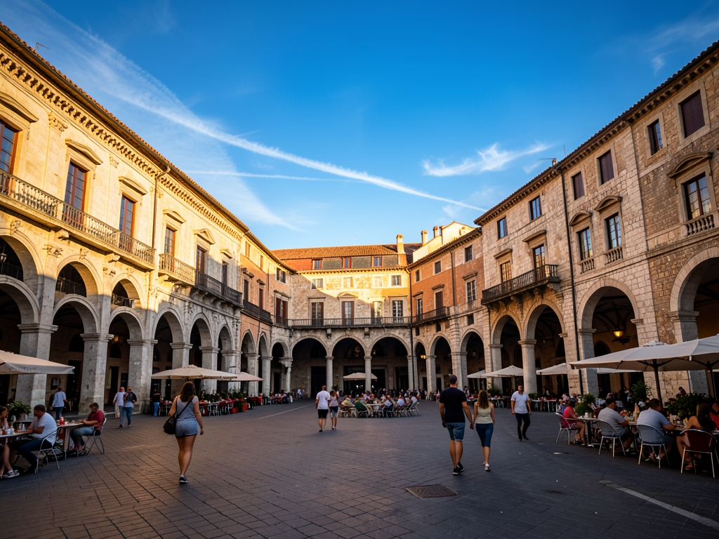 Sunlit historic Madrid plaza with warm stone architecture