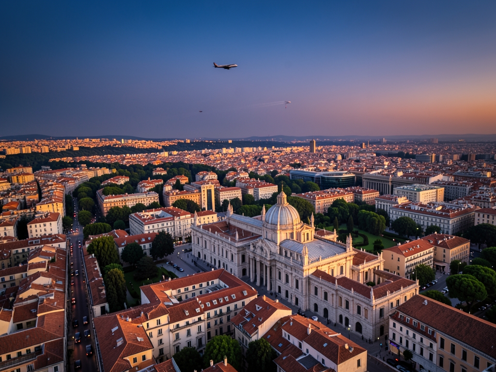 sweeping aerial view Madrid dusk terracotta rooftops grand