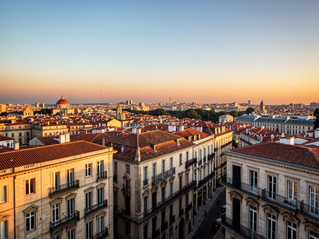 warm golden hour panorama central Madrid with endless terracotta