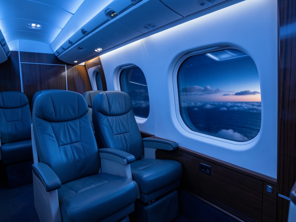 Business class airplane cabin night with soft blue