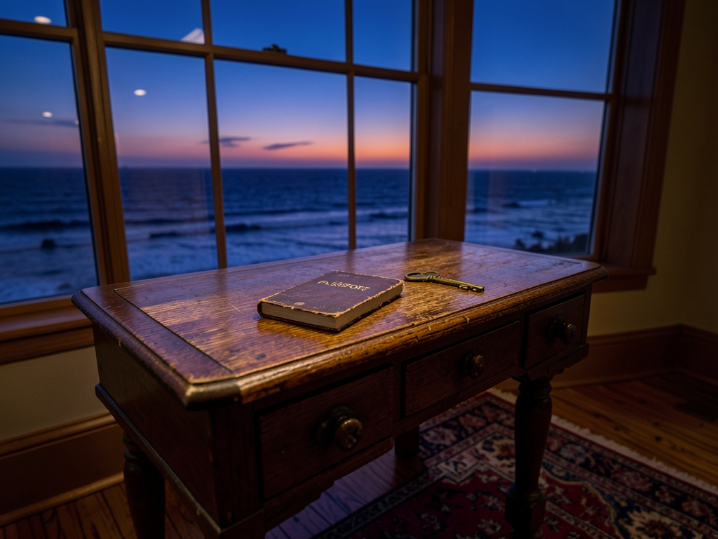vintage wooden desk sits window overlooking Atlantic Ocean