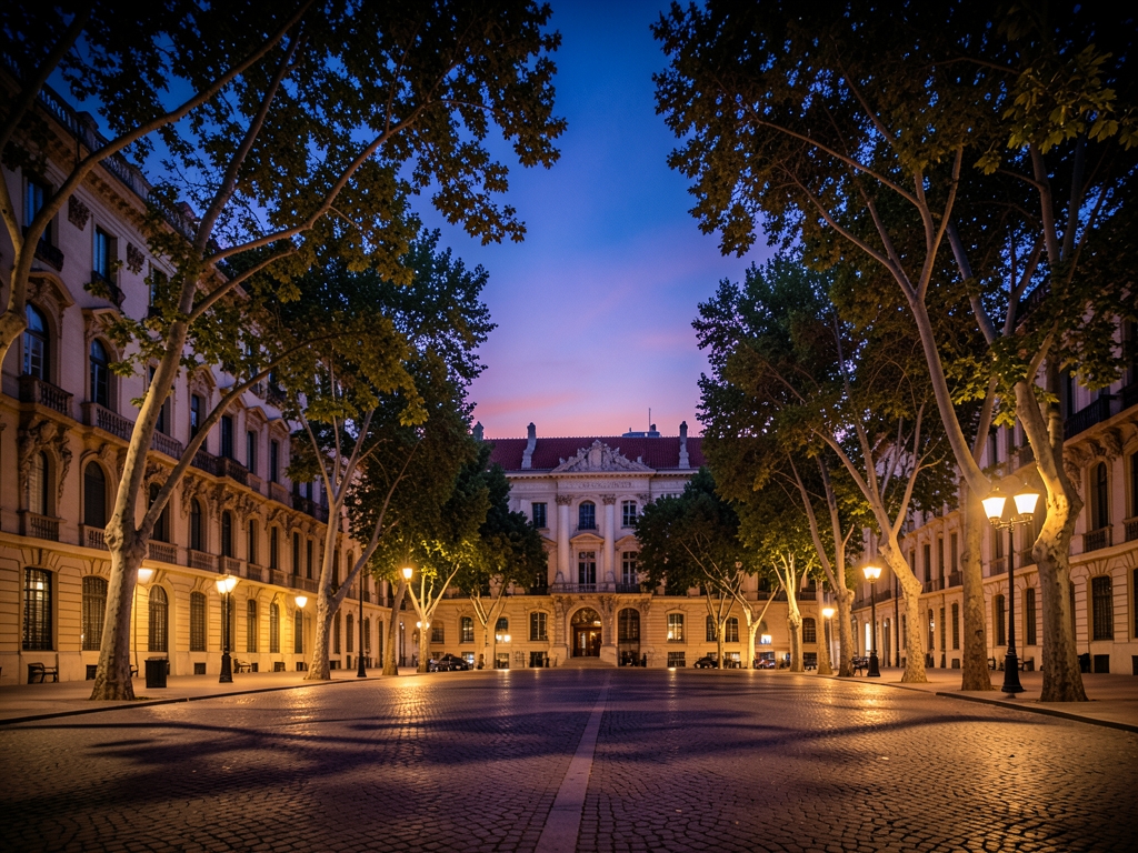 tranquil evening view Madrid s grand classical architecture tree lined