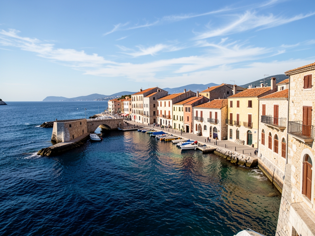 Sun drenched Mediterranean architecture lines quiet Mallorcan harbor where