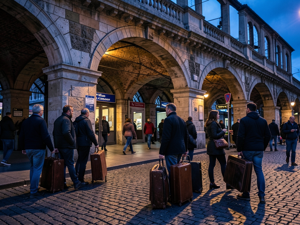 Twilight descends over historic stone arches Milan s central