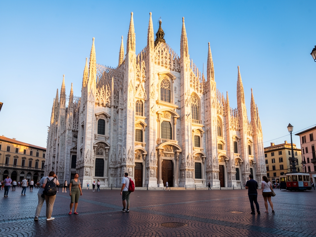 Gothic marble cathedral square Milan gentle golden morning