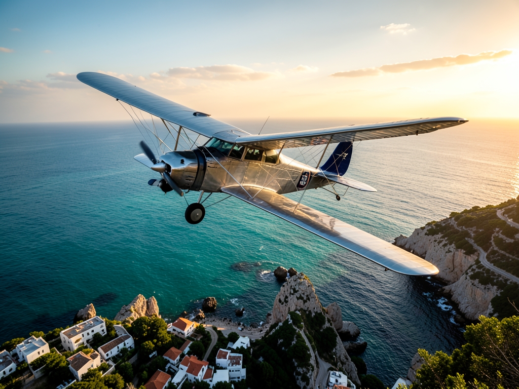 vintage airplane glides over turquoise waters Mediterranean golden