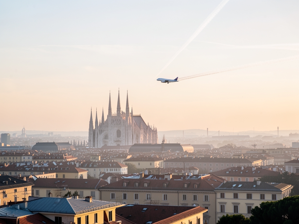 Milan rooftops cathedral spires soft dawn light with