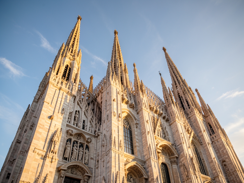 Milan cathedral spires golden hour warm limestone intricate