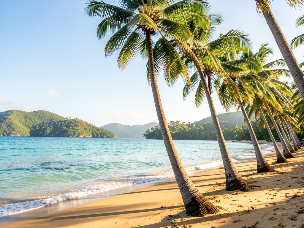 Sunlit tropical shoreline with palm trees warm sand