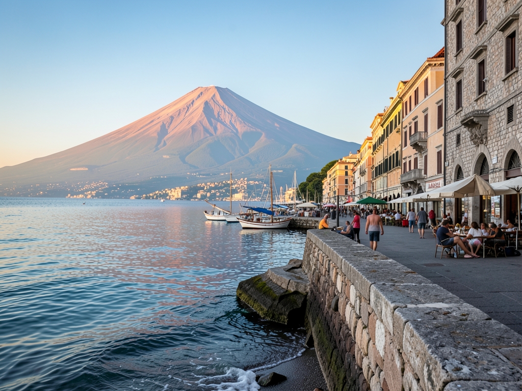 Sunlit Naples with historic stone waterfront calm distant