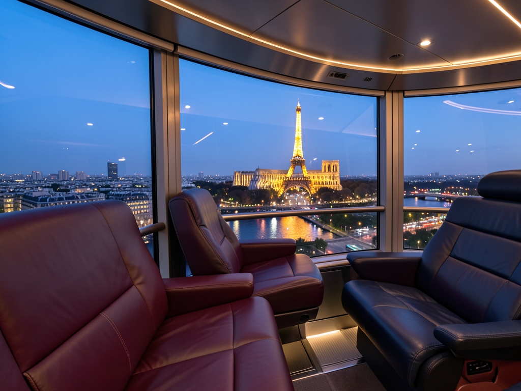 Soft twilight filters through panoramic cabin windows onto