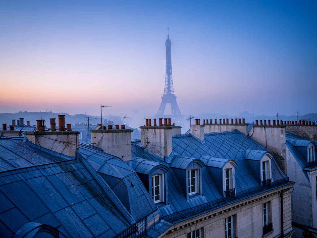 Parisian limestone rooftops dusky blue hour under pastel