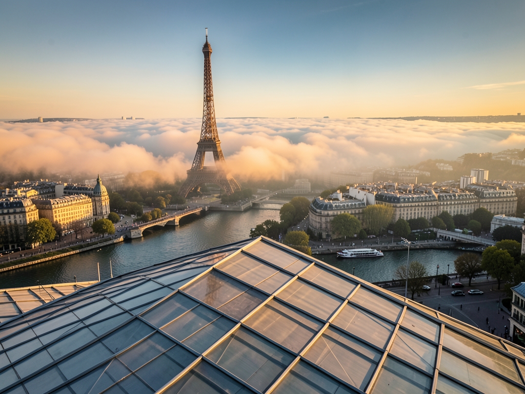 Arrival above Paris golden hour zinc roofed terminal Eiffel