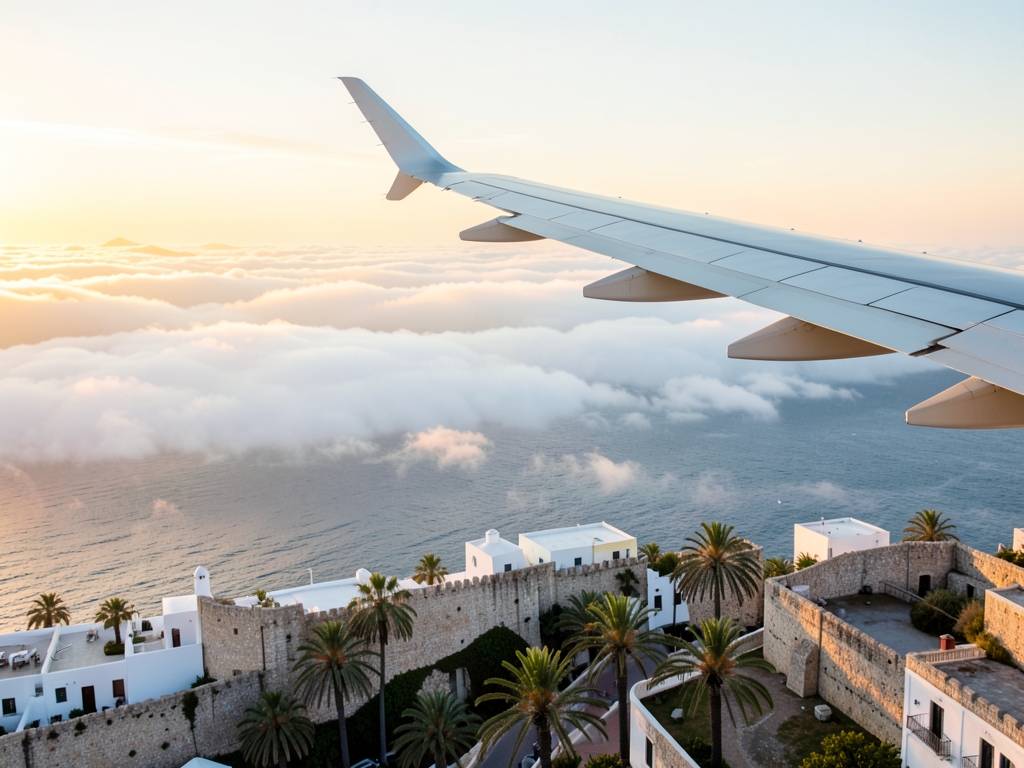 airplane wing above Atlantic clouds golden sunset approaching