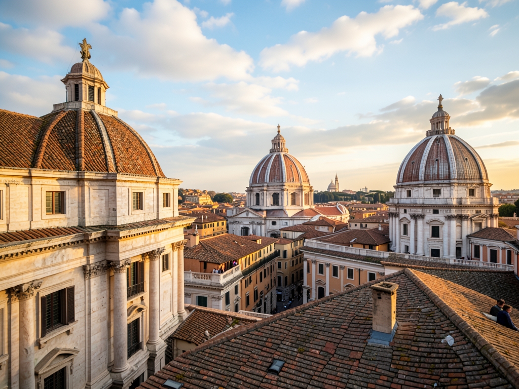 Ancient stone rooftops domes Rome under warm autumn